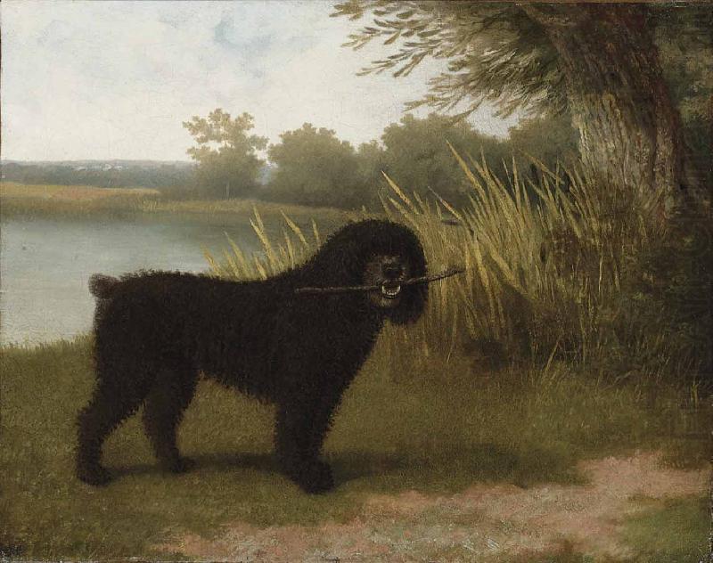 A black water dog with a stick by a lake, Jacques-Laurent Agasse